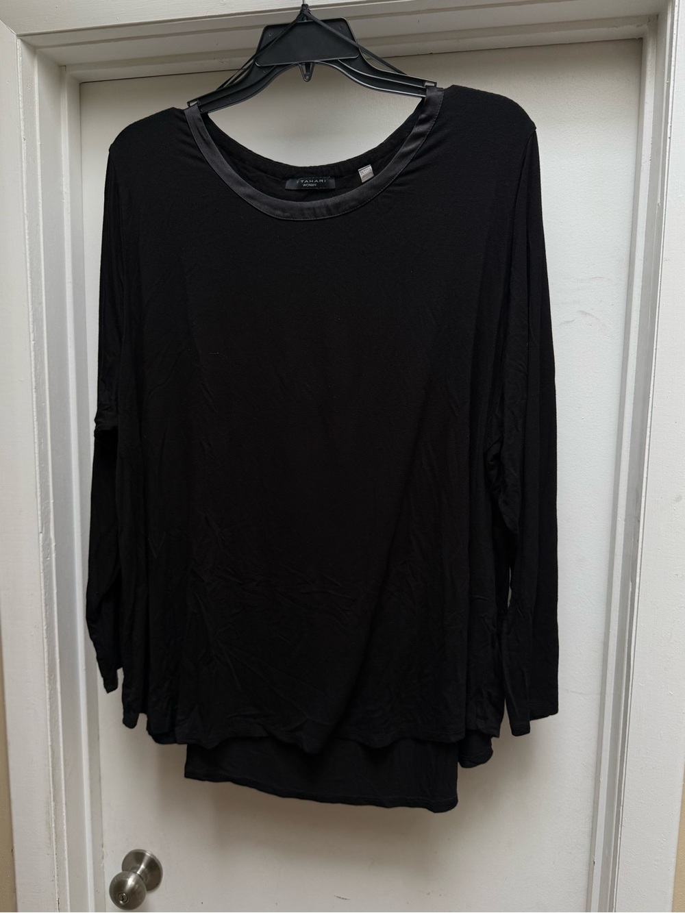 T Tahari Satin Trim Long Sleeve Top